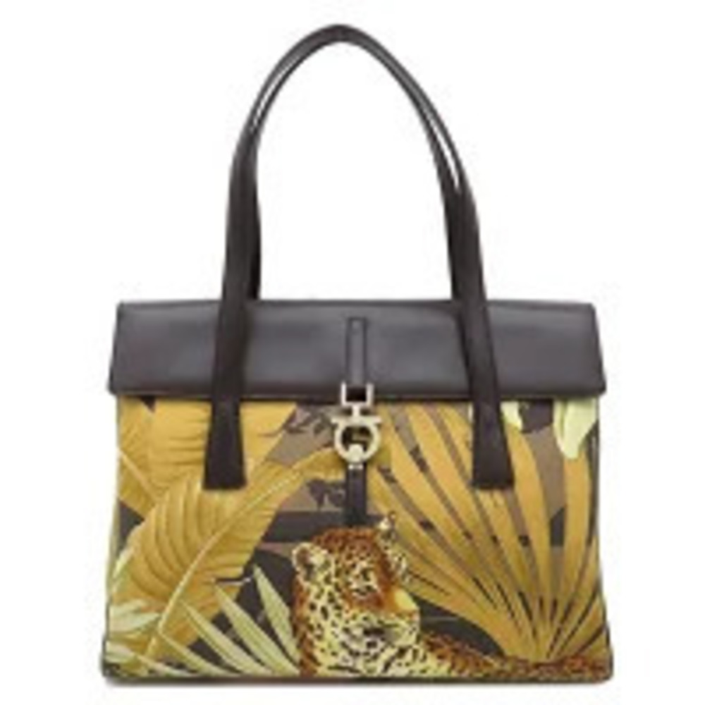Salvatore Ferragamo tote bag Gancini canvas leather brown multicolor leopard